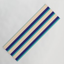 [ Thumbnail: Light Sea Green, Bisque, and Midnight Blue Colored Striped Pattern Yoga Mat ]