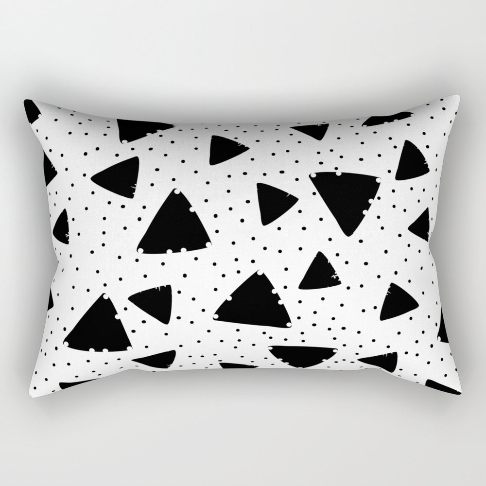 Modern Black White Hand Painted Polka Dots Triangles Rectangular Pillow by pink_water