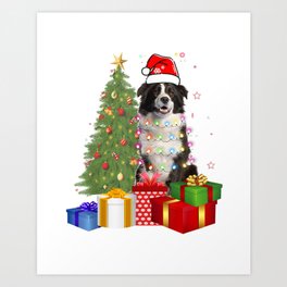 Santa Border Collie Dog Christmas Tree Light Funny Xmas Dog T-Shirt Art Print