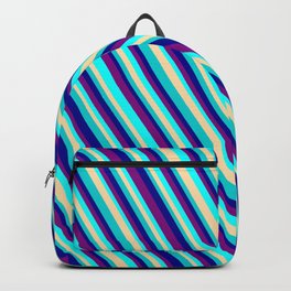 [ Thumbnail: Eye-catching Purple, Aqua, Tan, Dark Turquoise, and Dark Blue Colored Stripes/Lines Pattern Backpack ]