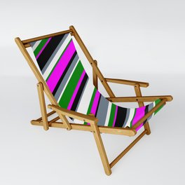 [ Thumbnail: Eyecatching Slate Gray, White, Green, Fuchsia, and Black Colored Striped Pattern Sling Chair ]