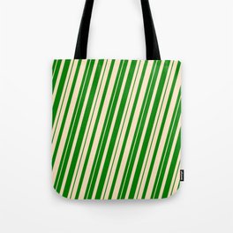 [ Thumbnail: Green & Bisque Colored Striped Pattern Tote Bag ]