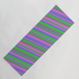 [ Thumbnail: Medium Slate Blue, Lime Green, Gray, and Orchid Colored Lined Pattern Yoga Mat ]