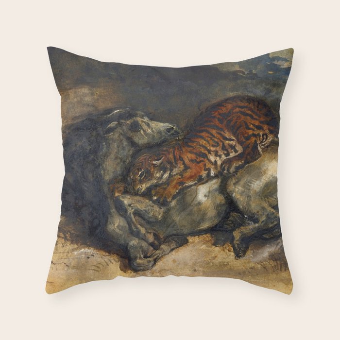 Eugène Delacroix "Tigre attaquant un cheval" Throw Pillow by Alexandra