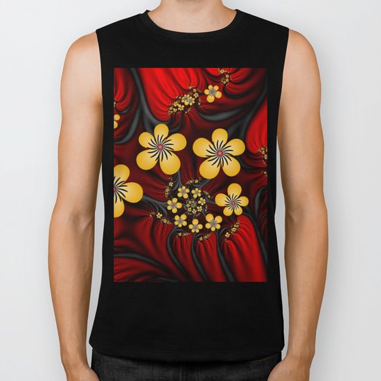 Yellow Fantasy Flowers On Red And Black Biker Tank