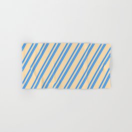 [ Thumbnail: Blue and Tan Colored Stripes Pattern Hand & Bath Towel ]