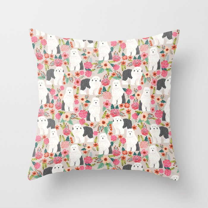 Old English Sheepdog floral dog breed pet art pattern gifts Throw Pillow