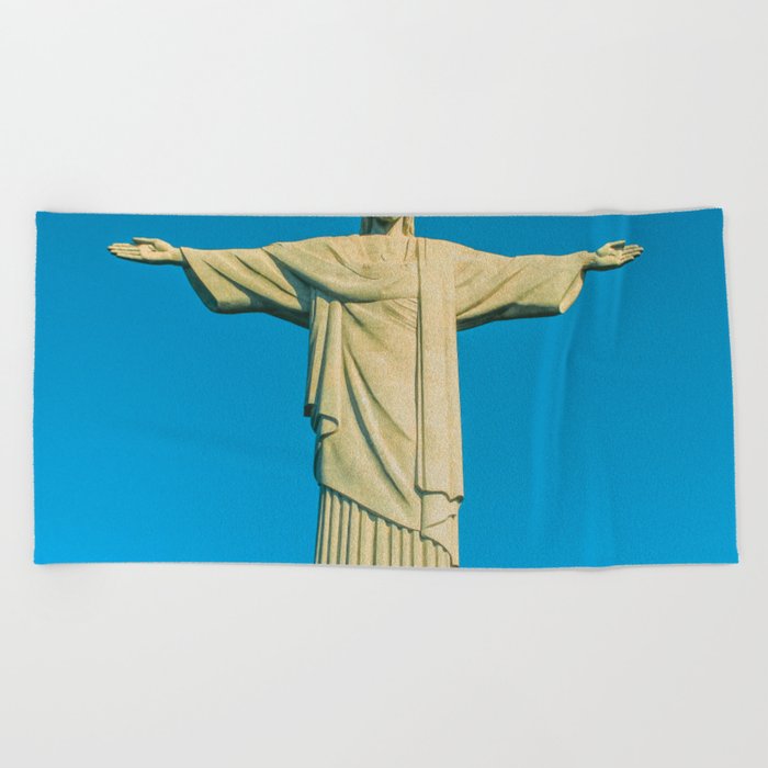 Brazil Photography - Statue Of Christ The Redeemer Under The Blue Sky Beach Towel