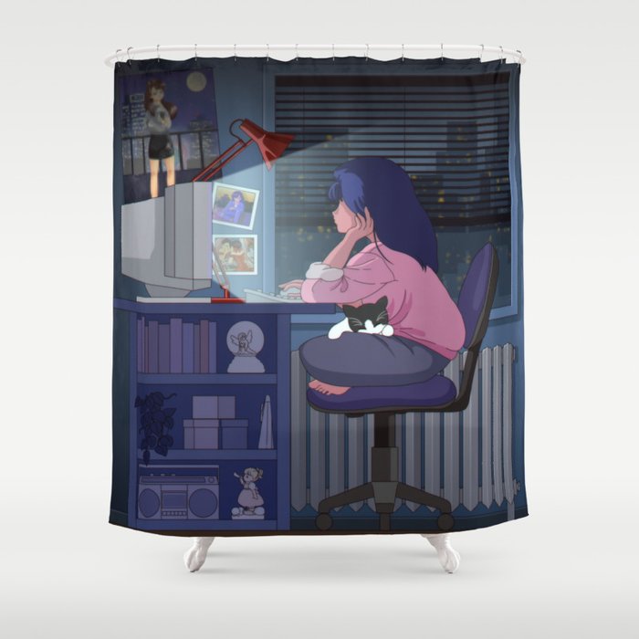 Retro Anime Girl on Computer with Cat Shower Curtain