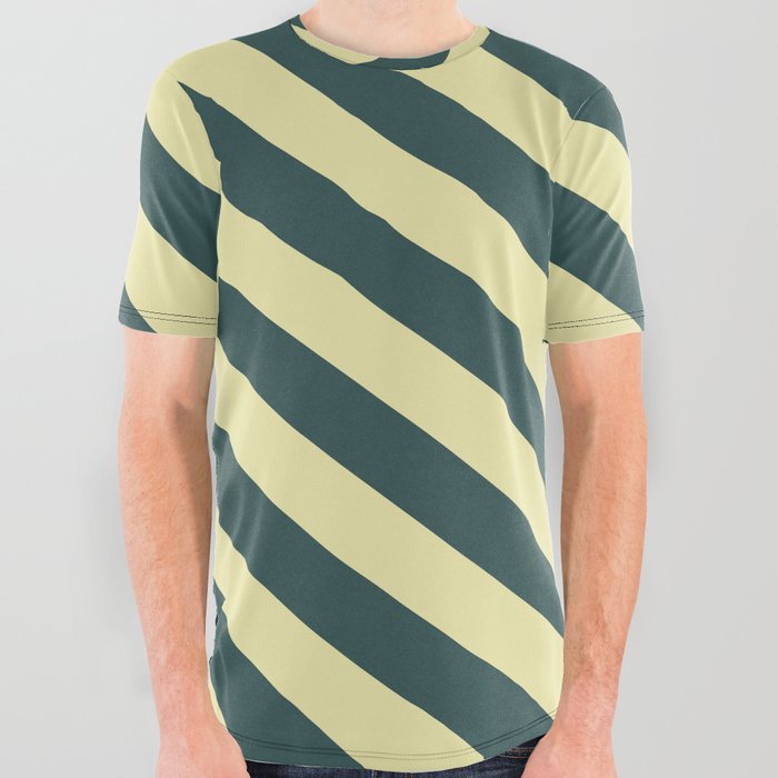 Dark Slate Gray and Pale Goldenrod Colored Lines Pattern All Over Graphic Tee