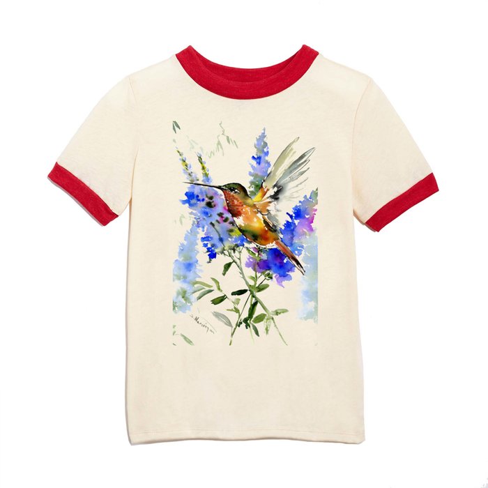 Alen's Hummingbird and Blue Flowers, floral bird design birds, watercolor floral bird art Kids T Shirt