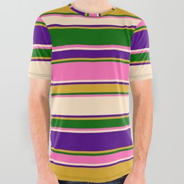[ Thumbnail: Eyecatching Goldenrod, Dark Green, Hot Pink, Bisque & Indigo Colored Striped/Lined Pattern All Over Graphic Tee ]