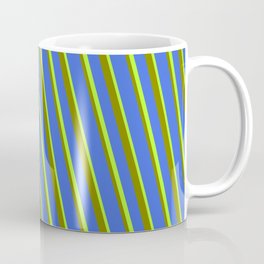 [ Thumbnail: Green, Royal Blue, and Light Green Colored Lines/Stripes Pattern Coffee Mug ]