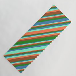 [ Thumbnail: Aquamarine, Coral, Sienna, Forest Green, and Blue Colored Lined/Striped Pattern Yoga Mat ]