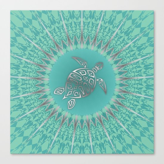 Turquoise Silver Turtle And Mandala Canvas Print