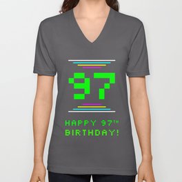 [ Thumbnail: 97th Birthday - Nerdy Geeky Pixelated 8-Bit Computing Graphics Inspired Look V Neck T Shirt V-Neck T-Shirt ]