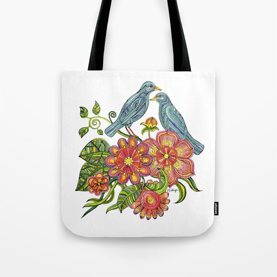 Fly Away With Me - Hand drawn illustration with birds, flowers and leaves. Tote Bag