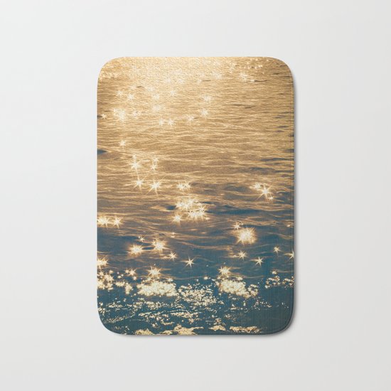 Sparkling Ocean in Gold and Navy Blue Bath Mat