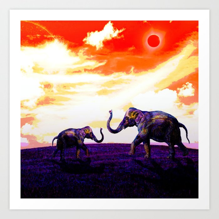 Elephants Dance under the Eclipse  Art Print