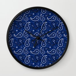 Black and White Paisley Pattern on Blue Background Wall Clock