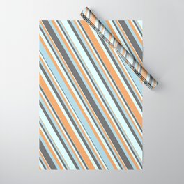 [ Thumbnail: Dim Gray, Light Cyan, Brown & Light Blue Colored Striped Pattern Wrapping Paper ]
