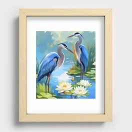 Water Lilies and Lotus Great Blue Herons Recessed Framed Print