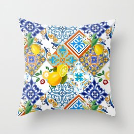 Tiles,mosaic,azulejo,quilt,Portuguese,majolica,lemons,citrus. Throw Pillow