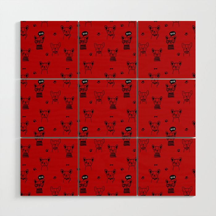 Red and Black Hand Drawn Dog Puppy Pattern Wood Wall Art
