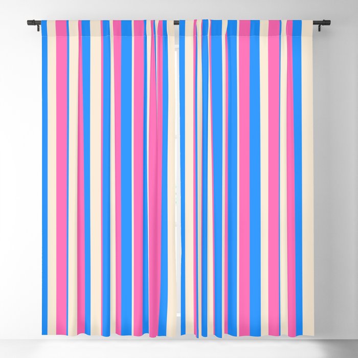 Blue, Beige & Hot Pink Colored Pattern of Stripes Blackout Curtain