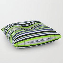 [ Thumbnail: Vibrant Chartreuse, Grey, Midnight Blue, Light Cyan & Black Colored Lined/Striped Pattern Floor Pillow ]