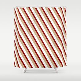 [ Thumbnail: Dark Red, Tan, and White Colored Stripes Pattern Shower Curtain ]