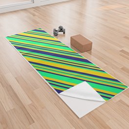 [ Thumbnail: Midnight Blue, Green, and Yellow Colored Lines/Stripes Pattern Yoga Towel ]