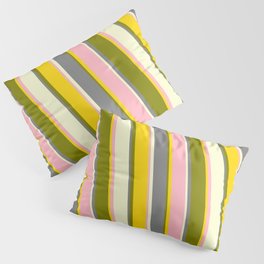 [ Thumbnail: Vibrant Light Pink, Yellow, Green, Gray, and Light Yellow Colored Stripes/Lines Pattern Pillow Sham ]
