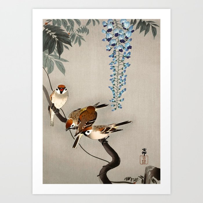 Sparrows and wisteria flower - Vintage Japanese Woodblock Print Art Art Print