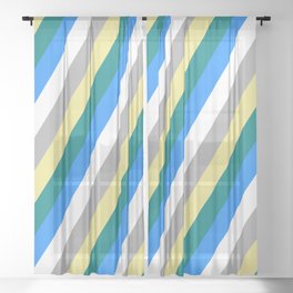 [ Thumbnail: Eye-catching Tan, Teal, Blue, White & Dark Gray Colored Striped/Lined Pattern Sheer Curtain ]