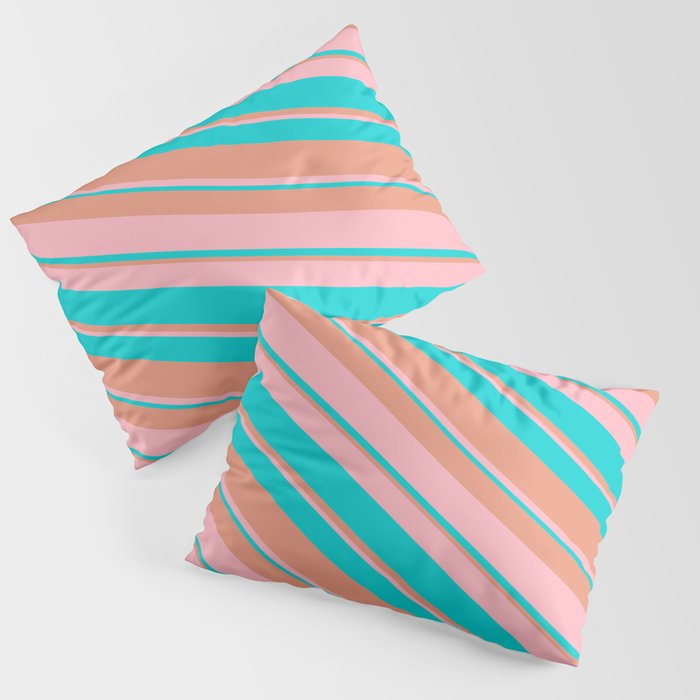 Dark Salmon, Light Pink & Dark Turquoise Colored Stripes Pattern Pillow Sham