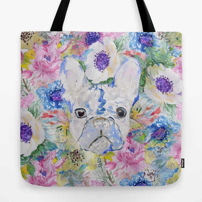 Abstract French Bulldog Floral Watercolor Paint Tote Bag By