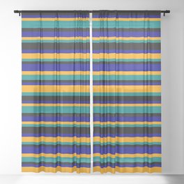 [ Thumbnail: Orange, Teal, Black, and Dark Blue Colored Stripes/Lines Pattern Sheer Curtain ]
