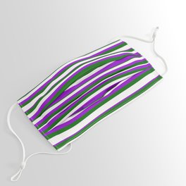 [ Thumbnail: Dark Green, White & Dark Violet Colored Lined Pattern Face Mask ]