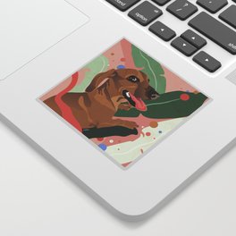 Dachshund puppy with palm leaves in bold colors Sticker