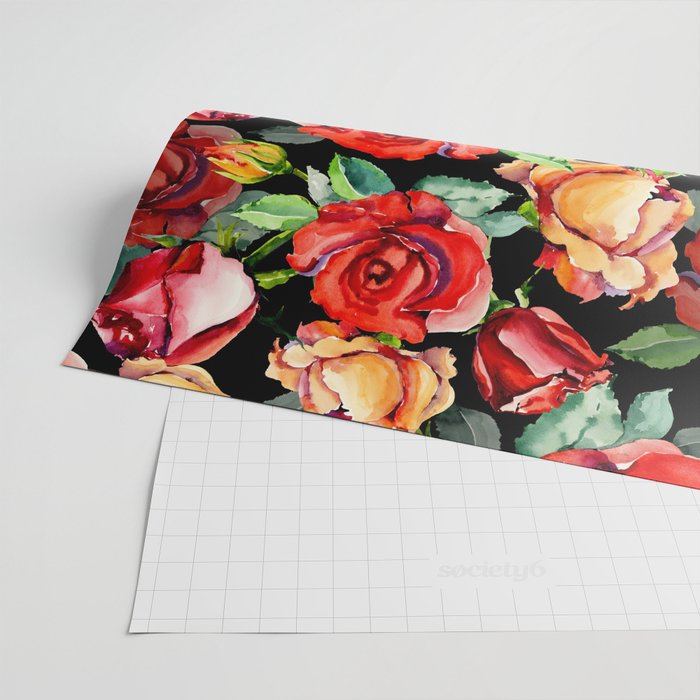 Hand painted black red watercolor roses floral Wrapping Paper by Pink Water