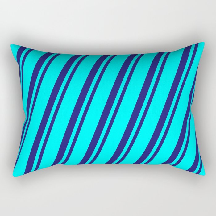 Cyan & Midnight Blue Colored Striped/Lined Pattern Rectangular Pillow