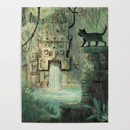 Curious Cat in Ancient Ruins Poster