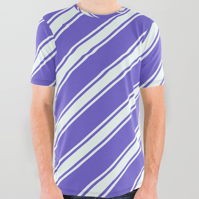 Slate Blue & Mint Cream Colored Pattern of Stripes All Over Graphic Tee