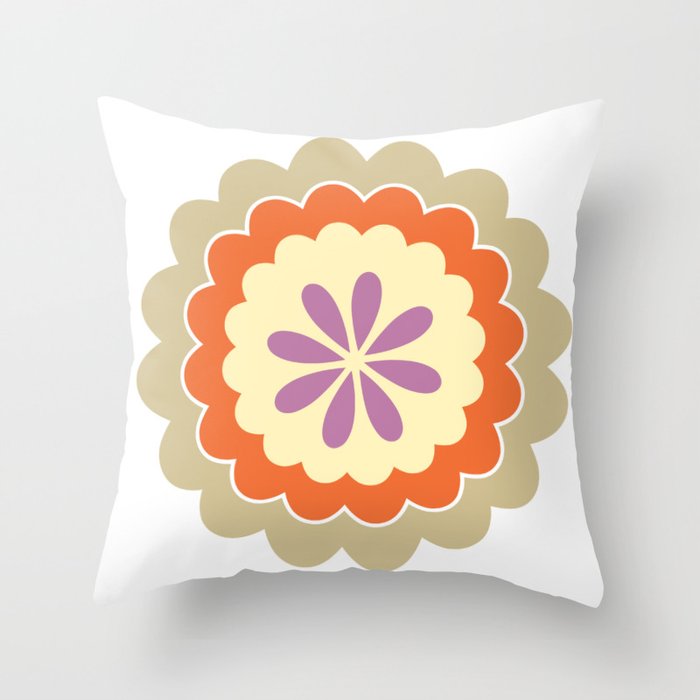 Retro Flower in buttercream, orange, gold and purple Throw Pillow