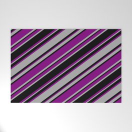 [ Thumbnail: Purple, Dark Gray & Black Colored Striped/Lined Pattern Welcome Mat ]