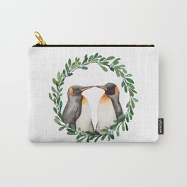 Watercolor Painting Kissing Penguins in Mistletoe Wreath for Valentine's Day, Christmas Carry-All Pouch
