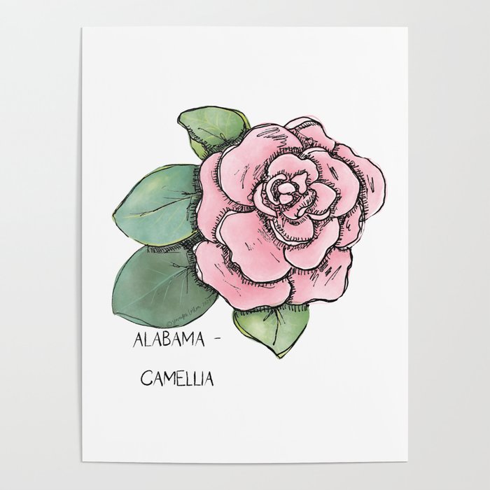 Alabama State Pride | Alabama State Flower Camellia watercolor painting | US State Collection State Icon Illustration | road trip travel tracker Poster