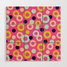 DROPS POLKA DOTS PATTERN in CHARTREUSE, SAND, MINT AND DARK BLUE ON PINK Wood Wall Art