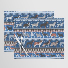 Fluffy and bright fair isle knitting doggie friends // classic and electric blue background brown orange white and grey dog breeds  Placemat